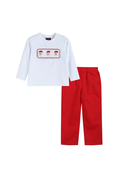 White Smocked Santa Long-Sleeve Tee & Red Pants