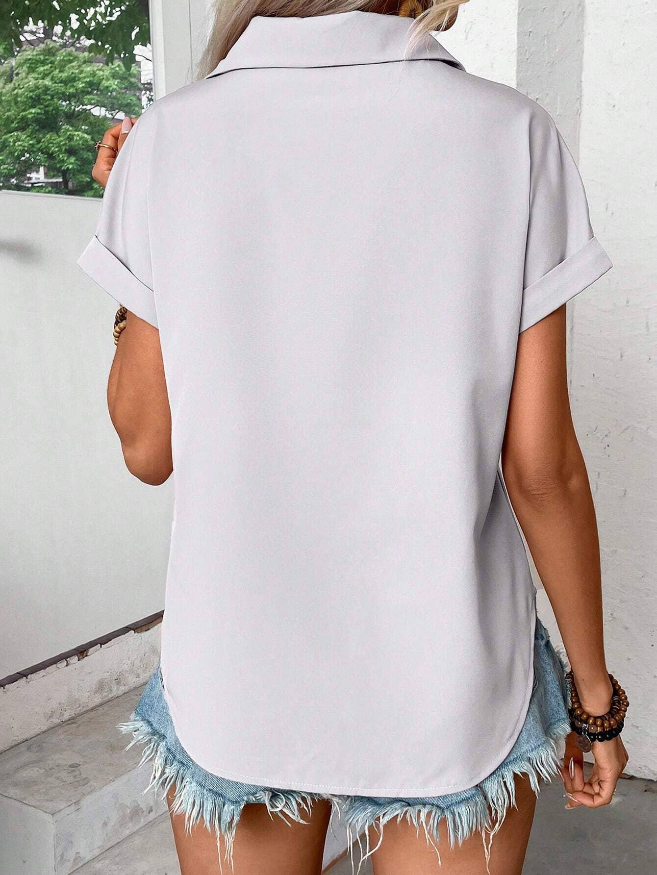 blue button down pleated top