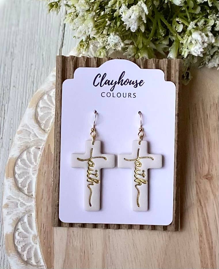 Faith Cross Earrings : Cream / Gold Plated