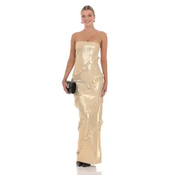 Metallic Ruffle Strapless Maxi Dress