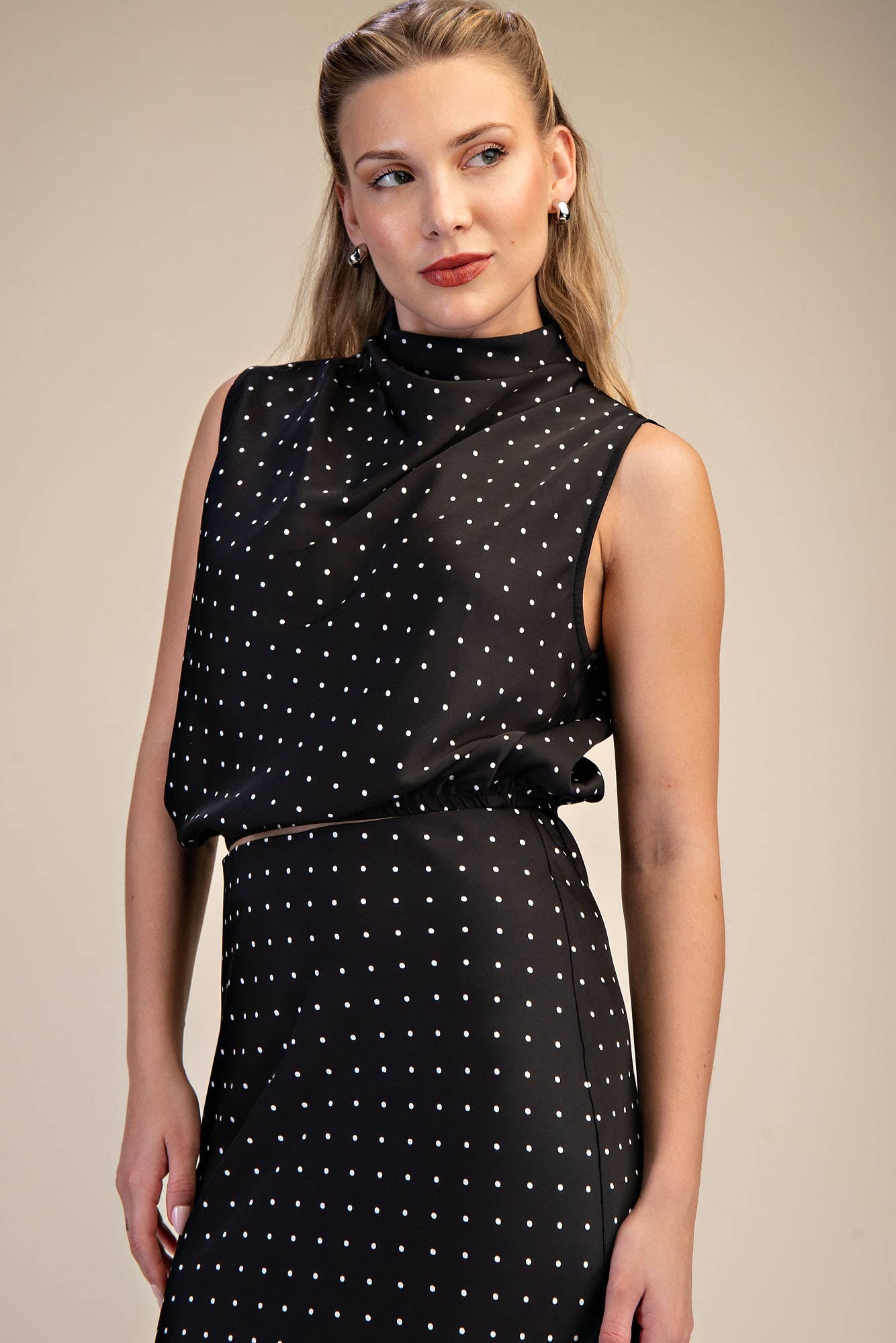 High Neck Sleeveless Polka Dot Top