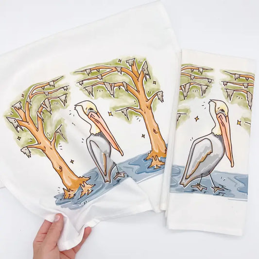 Pelican Tea Towel Cute Coastal Swamp Kitchen Bathroom Decor