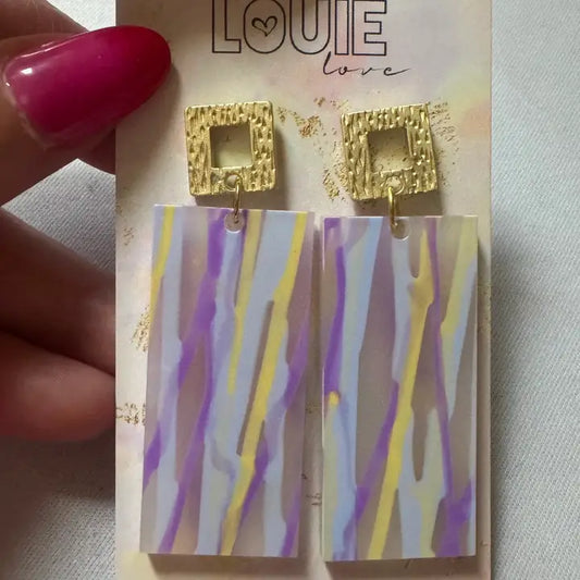 Acrylic Purple Lavender Yellow Stripe Earrings