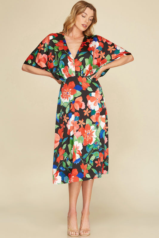 FLORAL KIMONO SLEEVE MIDI DRESS