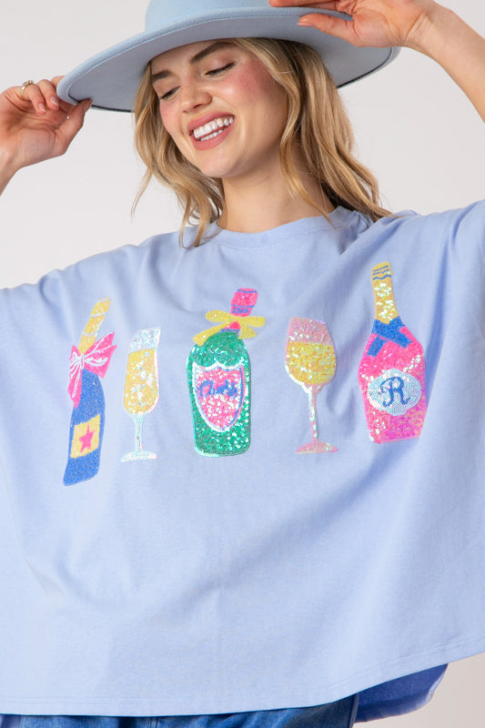 Champagne Bottle & Glass Sequins Loose Fit Top