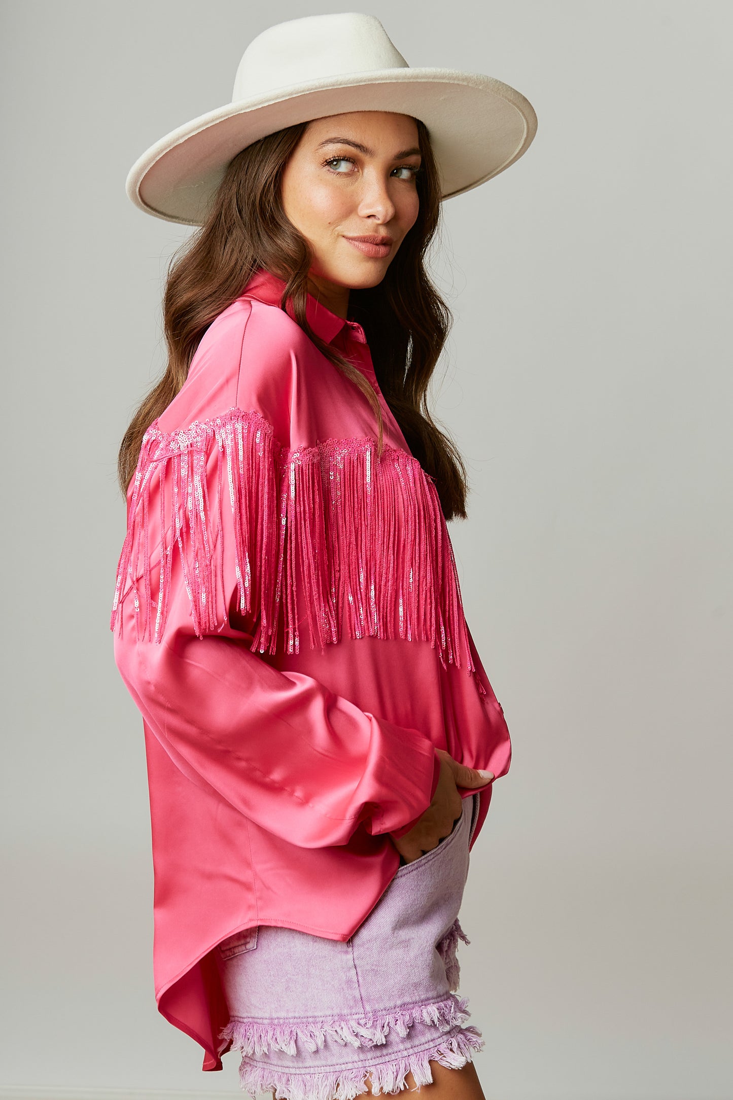 Satin Sequin and Fringe Blouse