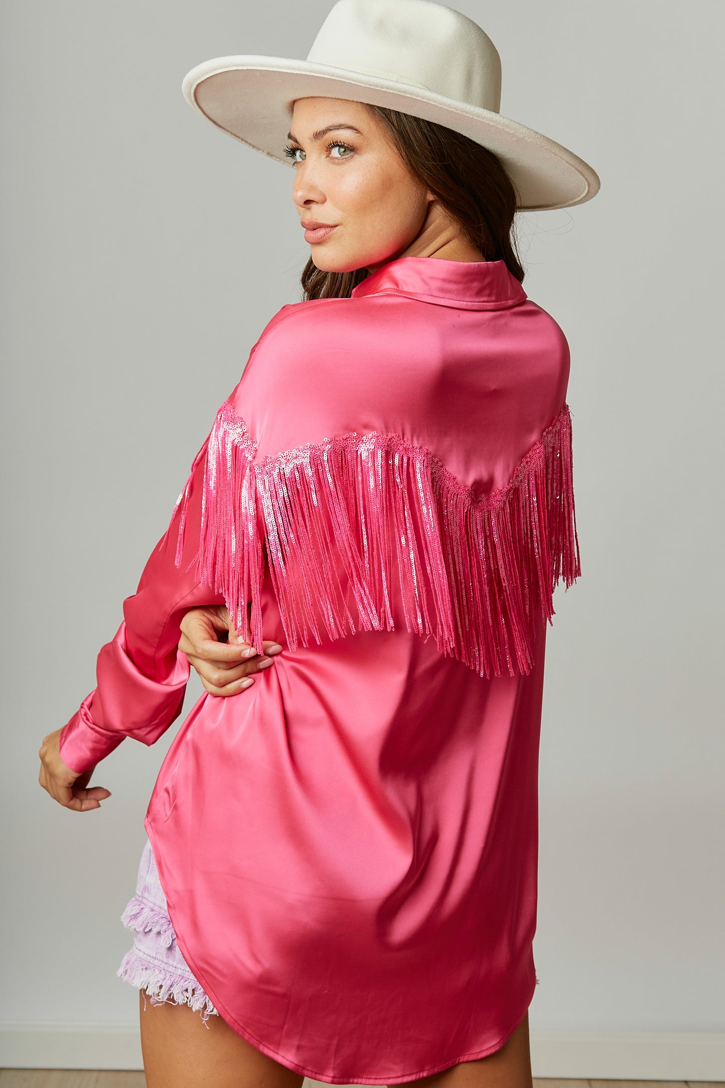 Satin Sequin and Fringe Blouse