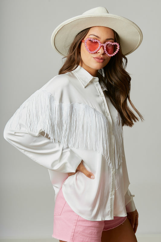 Satin Sequin and Fringe Blouse