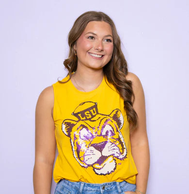 LSU Vintage Tiger (Licensed) | Women's Sequin Design Tank (Yellow)