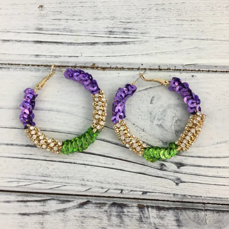 Mardi Gras Sequin and Rhinestone Hoop Earrings