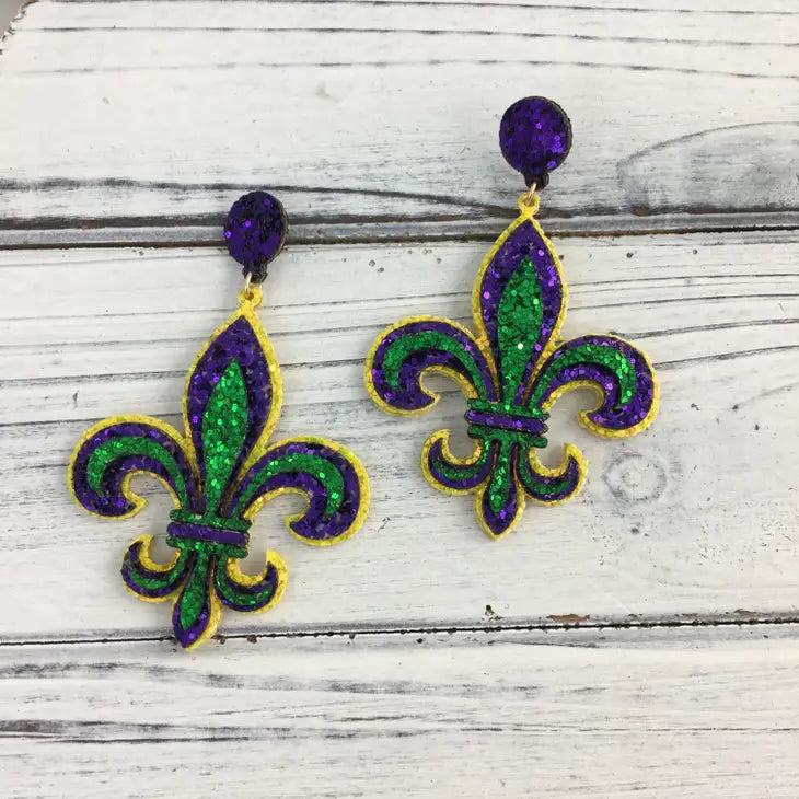 Mardi Gras Glitter Fleur De Lis Earrings