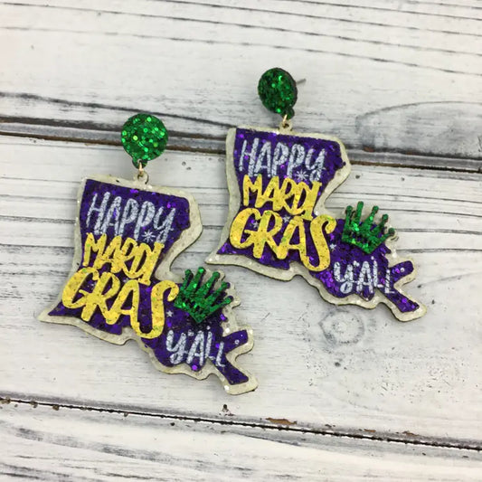 Mardi Gras Louisiana State Glitter Word Earrings