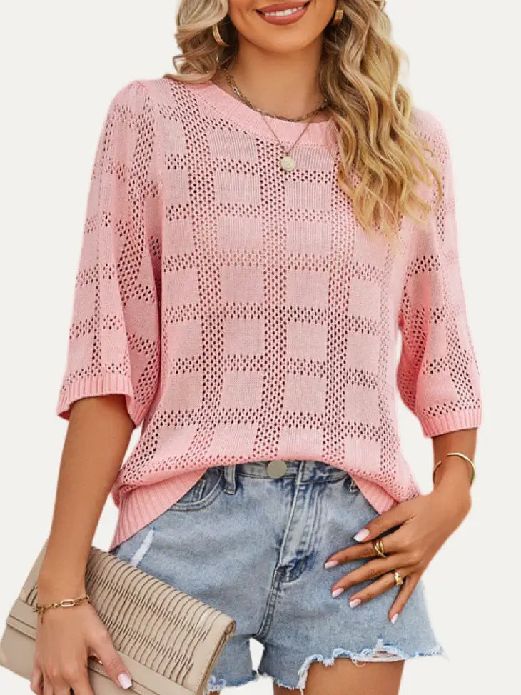 Plaid Pattern Pointelle Top