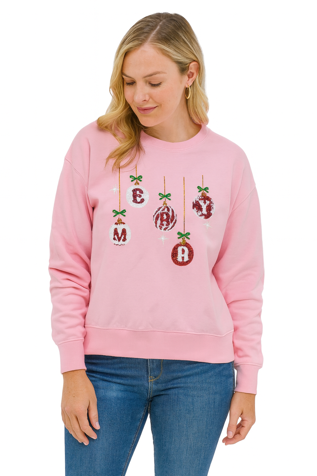 French Terry Pull Over with Merry Ornament