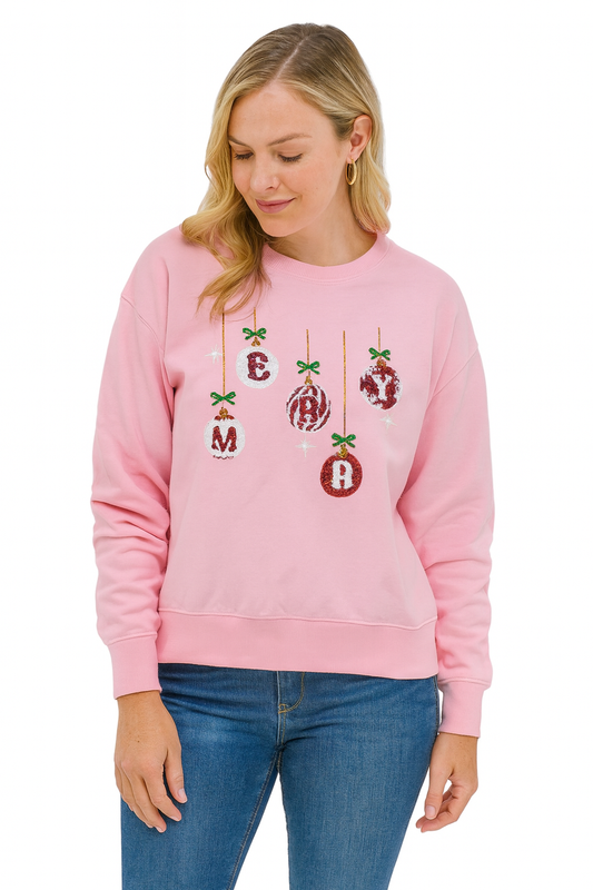 French Terry Pull Over with Merry Ornament