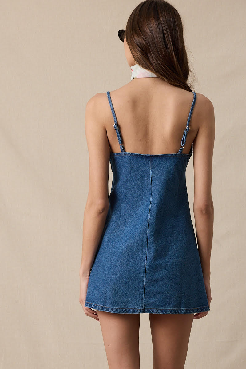 Sweetheart Front Tie Casual Denim Mini Dress