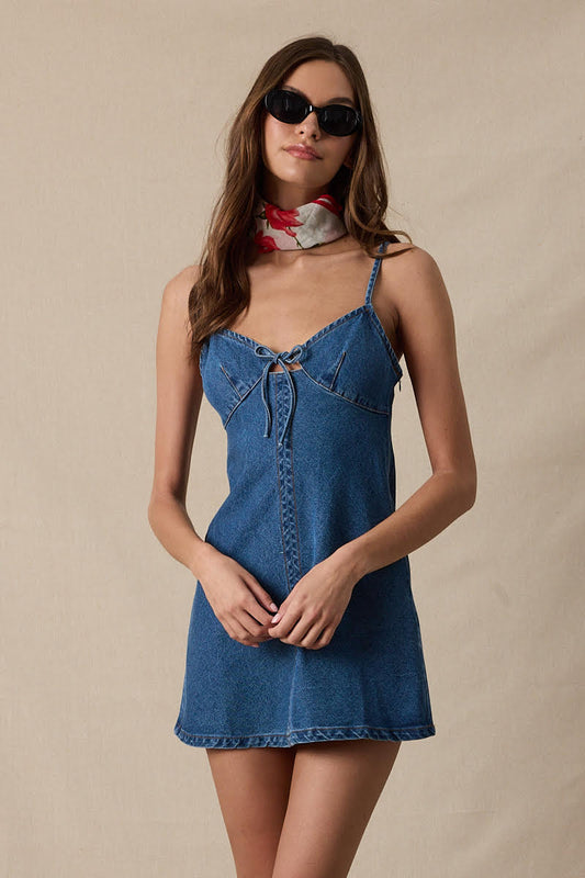 Sweetheart Front Tie Casual Denim Mini Dress