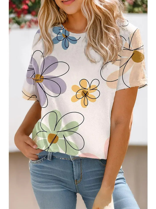 White Big Flower Print Top