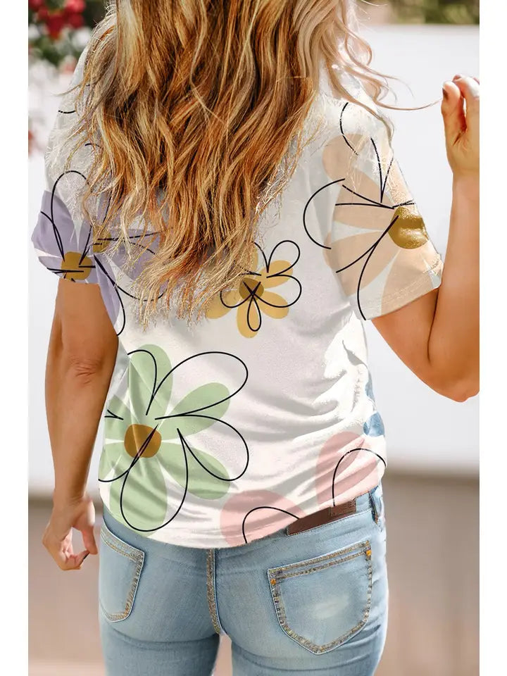 White Big Flower Print Top